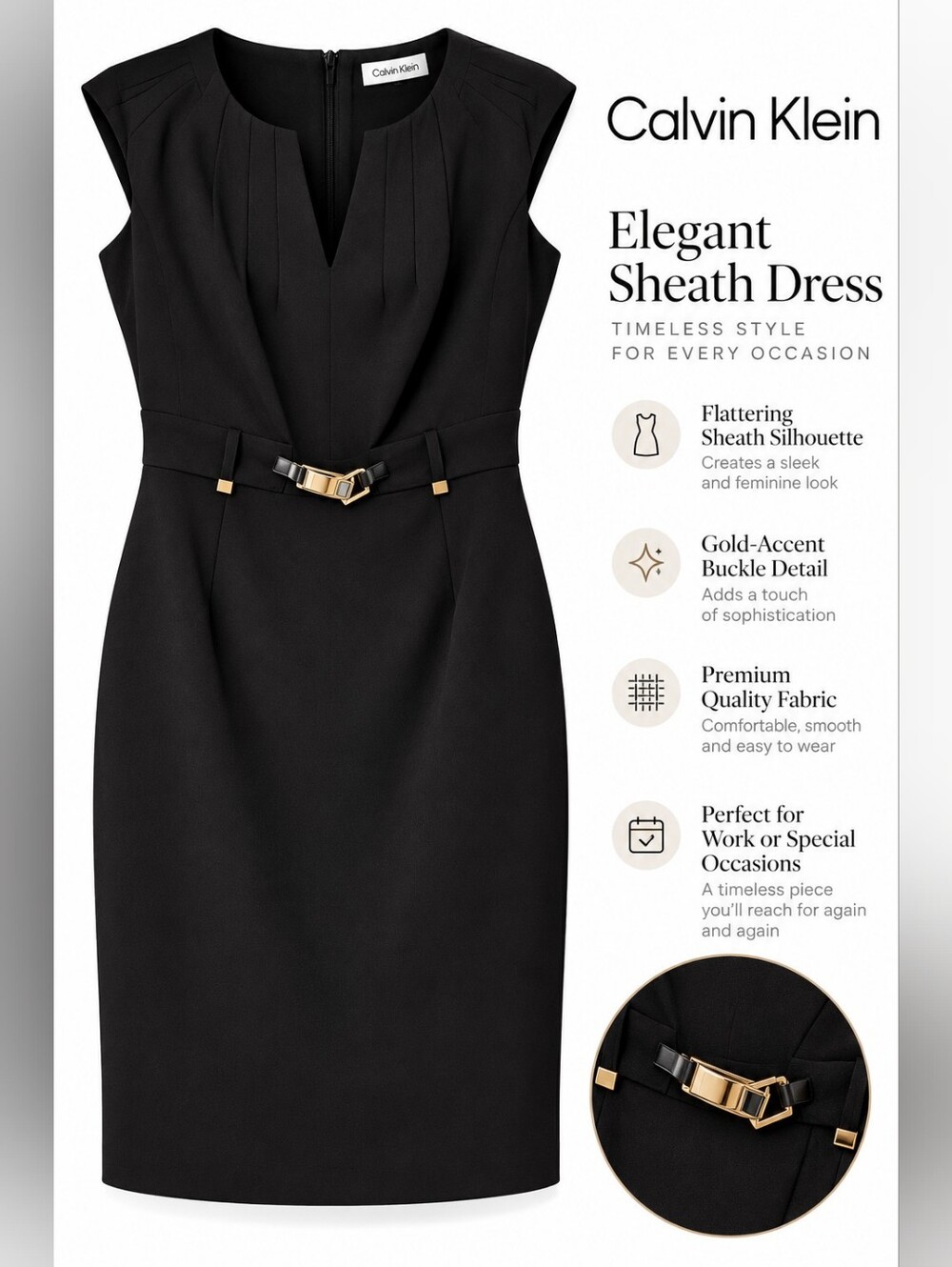 Calvin Klein Black Sheath Dress with Gold-Accent Buckle